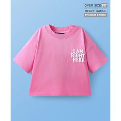 Pine Kids Cotton Knit Half Drop Shoulder Sleeves T-Shirt with Text Print - Dark Pink