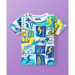 Pine Kids Cotton Knit Half Sleeves T-Shirt with Beach Theme - White