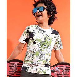 Pine Kids Cotton Knit Half Sleeves T-Shirt with Abstract Print - White