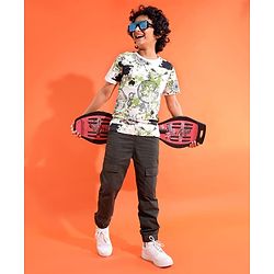 Pine Kids Cotton Knit Half Sleeves T-Shirt with Abstract Print - White