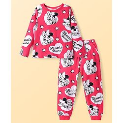 Pine Kids Disney Single Jersey Knit Full Sleeves Nightsuit Set With Minnie Mouse Graphics - Red