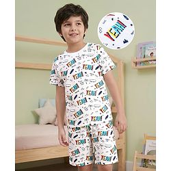 Pine Kids Single Jersey Knit Half Sleeves Night Suit With Text Print - White