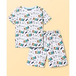 Pine Kids Single Jersey Knit Half Sleeves Night Suit With Text Print - White