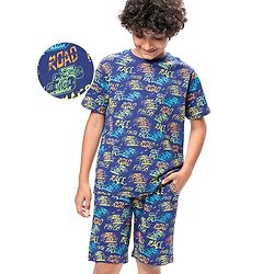 Pine Kids Single Jersey Knit Half Sleeves Shorts Night Suit with Racing Car Print - Blue