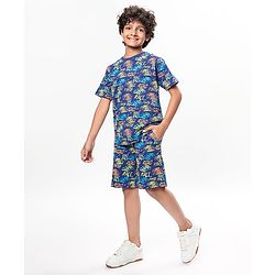 Pine Kids Single Jersey Knit Half Sleeves Shorts Night Suit with Racing Car Print - Blue