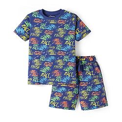 Pine Kids Single Jersey Knit Half Sleeves Shorts Night Suit with Racing Car Print - Blue