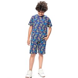 Pine Kids Single Jersey Knit Half Sleeves Shorts Night Suit with Racing Car Print - Blue