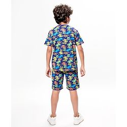 Pine Kids Single Jersey Knit Half Sleeves Shorts Night Suit with Racing Car Print - Blue