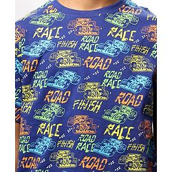 Pine Kids Single Jersey Knit Half Sleeves Shorts Night Suit with Racing Car Print - Blue