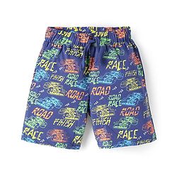 Pine Kids Single Jersey Knit Half Sleeves Shorts Night Suit with Racing Car Print - Blue