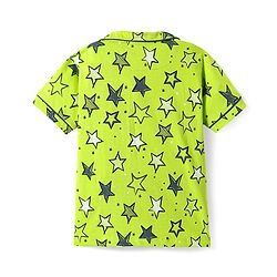 Pine Kids Single Jersey Knit Half Sleeves Front Open Shirt & Short Night Suit  with Star Print - Neon Green