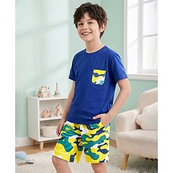 Pine Kids Single Jersey Knit Half Sleeves T-Shirt & Short Night Suit  with Abstract Print - Navy Blue