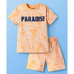 Pine Kids Single Jersey Knit Half Sleeves T-Shirt & Short Night Suit  with Leaves Print - Orange