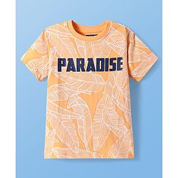 Pine Kids Single Jersey Knit Half Sleeves T-Shirt & Short Night Suit  with Leaves Print - Orange