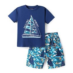 Pine Kids Single Jersey Half Sleeves Shorts Night Suit with Ship Print - Navy Blue