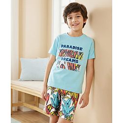 Pine Kids Single Jersey Knit Half Sleeves Night Suit With Text & Leaf Print - Light Blue