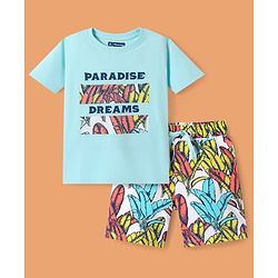 Pine Kids Single Jersey Knit Half Sleeves Night Suit With Text & Leaf Print - Light Blue
