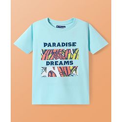 Pine Kids Single Jersey Knit Half Sleeves Night Suit With Text & Leaf Print - Light Blue