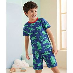 Pine Kids Single Jersey Knit Half Sleeves Shorts Night Suit with Aeroplane Print - Navy Blue