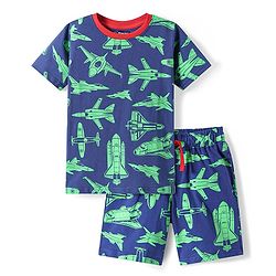 Pine Kids Single Jersey Knit Half Sleeves Shorts Night Suit with Aeroplane Print - Navy Blue