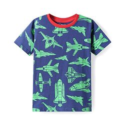 Pine Kids Single Jersey Knit Half Sleeves Shorts Night Suit with Aeroplane Print - Navy Blue
