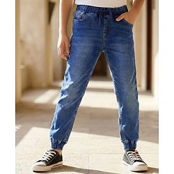 Pine Kids Woven Full Length Solid Washed Denim Joggers - Blue