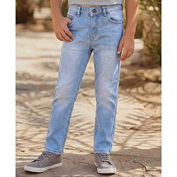 Pine Kids Woven Full Length Solid Washed Denim Jeans - Light Blue