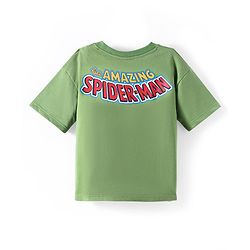 Pine Kids Marvel Terry Knit Half Drop Shoulder Sleeves T-Shirt with Spider Man Front & Back Graphic - Green