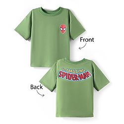 Pine Kids Marvel Terry Knit Half Drop Shoulder Sleeves T-Shirt with Spider Man Front & Back Graphic - Green