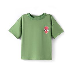 Pine Kids Marvel Terry Knit Half Drop Shoulder Sleeves T-Shirt with Spider Man Front & Back Graphic - Green