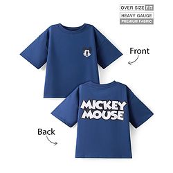 Pine Kids Disney Terry Knit Half Drop Shoulder Sleeves Over Size Fit T-Shirt with Mickey Mouse Graphic - Navy Blue