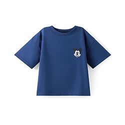 Pine Kids Disney Terry Knit Half Drop Shoulder Sleeves Over Size Fit T-Shirt with Mickey Mouse Graphic - Navy Blue
