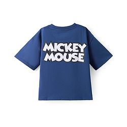 Pine Kids Disney Terry Knit Half Drop Shoulder Sleeves Over Size Fit T-Shirt with Mickey Mouse Graphic - Navy Blue
