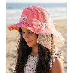 Pine Kids Straw Hat With Butterfly Applique Pink - Diameter 17 cm