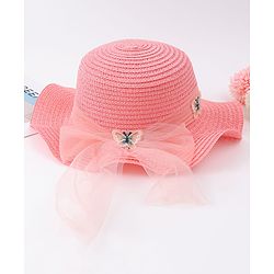 Pine Kids Straw Hat With Butterfly Applique Pink - Diameter 17 cm