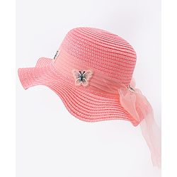 Pine Kids Straw Hat With Butterfly Applique Pink - Diameter 17 cm