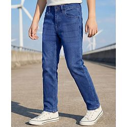 Pine Kids Woven Full Length Solid Washed Denim Jeans - Blue
