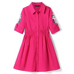 Pine Kids Cotton Woven Full Sleeves Collared Front Open Shirt Dress with Floral Embroidery - Dark Pink