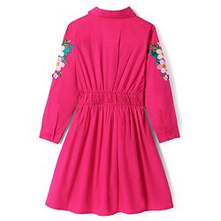 Pine Kids Cotton Woven Full Sleeves Collared Front Open Shirt Dress with Floral Embroidery - Dark Pink