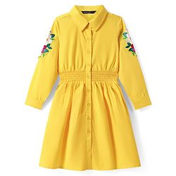 Pine Kids Cotton Woven Full Sleeves Front Open Collared Shirt Dress with Floral Embroidery - Yellow
