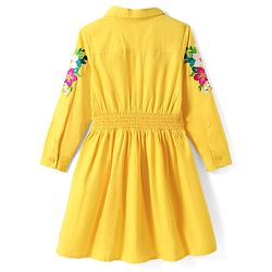 Pine Kids Cotton Woven Full Sleeves Front Open Collared Shirt Dress with Floral Embroidery - Yellow