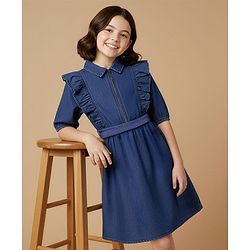 Pine Kids Cotton Woven Half Peasant Sleeves Collared Frock with Frill Detailing - Navy Blue