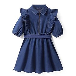 Pine Kids Cotton Woven Half Peasant Sleeves Collared Frock with Frill Detailing - Navy Blue