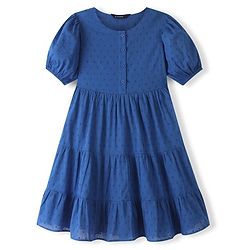Pine Kids Cotton Woven Half Puffed Sleeves Frock with Small Embroidery - Blue