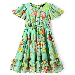 Pine Kids Woven Flutter Sleeves Frock with Floral Print & Frill Detailing - Light Green