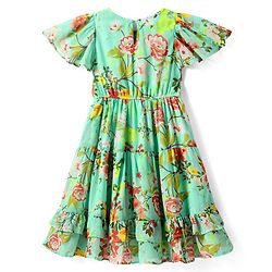 Pine Kids Woven Flutter Sleeves Frock with Floral Print & Frill Detailing - Light Green