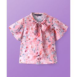 Pine Kids Woven Half Sleeves Floral Printed Top With Inner Slip & Bow Applique - Pink