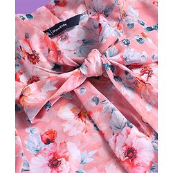 Pine Kids Woven Half Sleeves Floral Printed Top With Inner Slip & Bow Applique - Pink