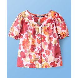 Pine Kids Woven Half Sleeves Top With Floral Print - Red