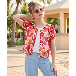 Pine Kids Woven Half Sleeves Top With Floral Print - Red